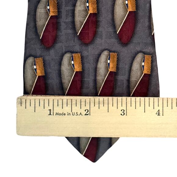 Vintage 90s Oscar de la Renta Gray Burgundy Orange Ovals 100% Silk Tie Necktie - Picture 7 of 7